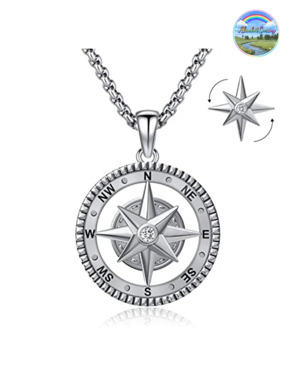925 Sterling Silver Compass Necklace Rotatable Pendant for Women Men